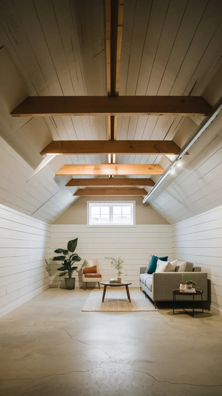 Bright Modern Basement with Sloped Wooden Ceiling