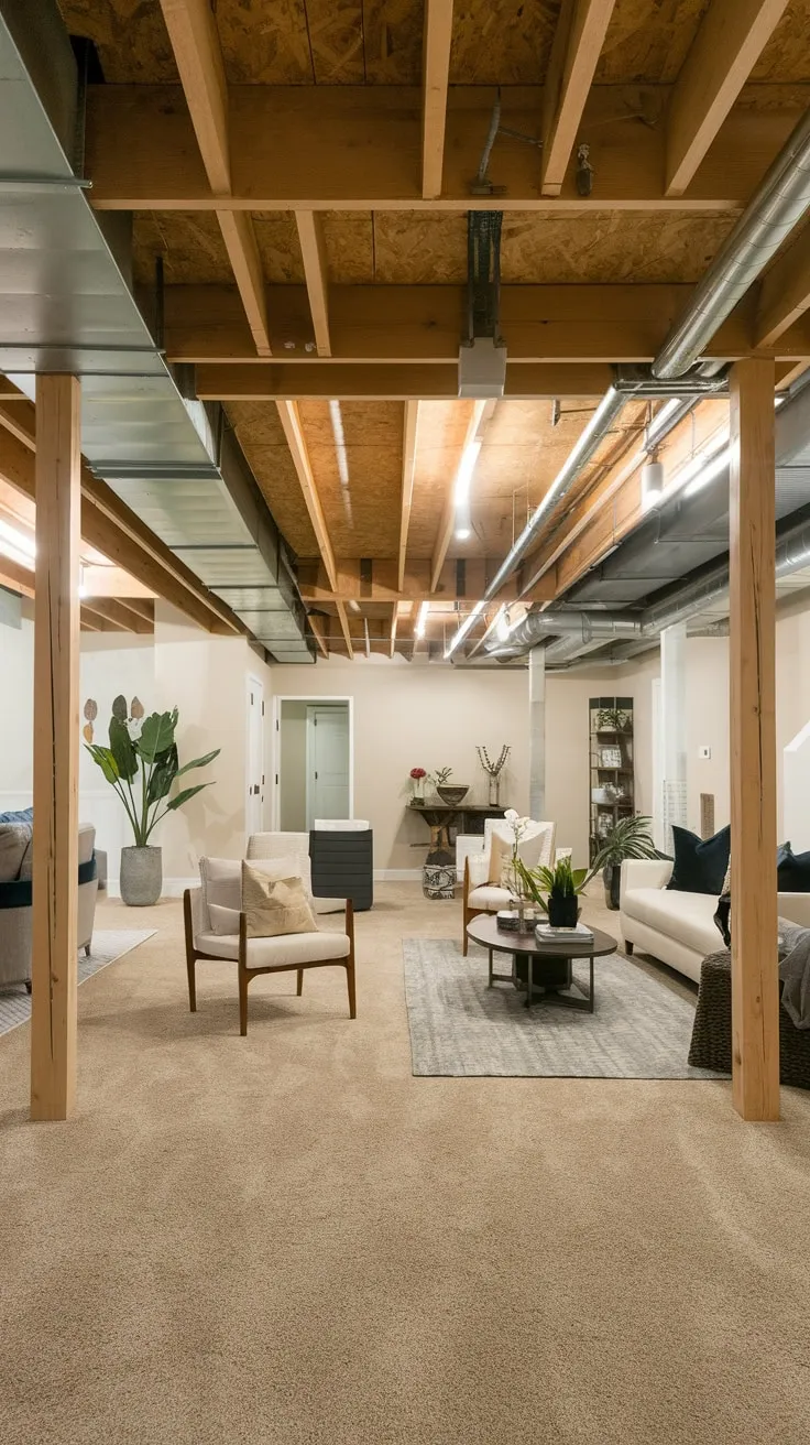 Stylish Modern Basement with Open Ceiling and Comfort