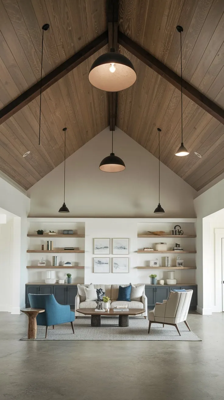 Stylish Modern Basement with High Wooden Ceiling