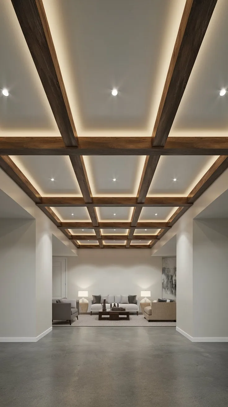Stylish Modern Basement with Exposed Beams and Lighting