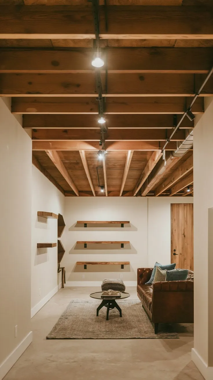 Cozy Modern Basement with Exposed Wooden Beams