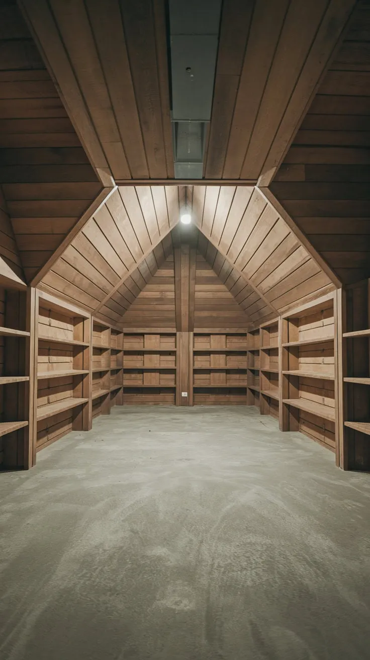 Modern Basement Showcasing Unique Slanted Wooden Ceiling