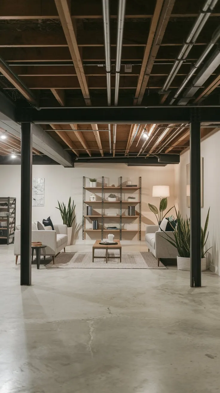 Modern Basement with Open Ceiling and Minimalist Decor