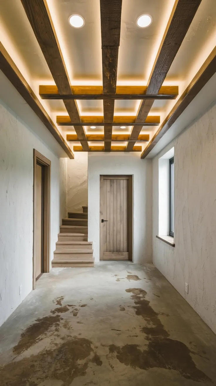 Cozy Industrial Basement with Exposed Beams and Light