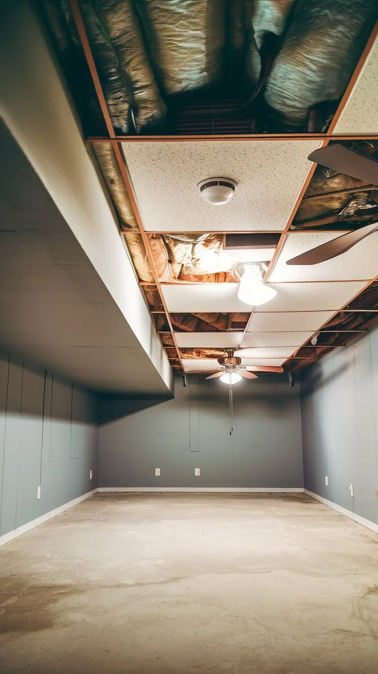 The cramped quarters of this low ceiling basement are defined by its close-to-the-ground basement ceiling height.  Visible basement ceiling joists and imperfect basement ceiling tiles tell a tale of age, while the basement ceiling insulation offers a glimpse of practicality.  A new layer of basement ceiling drywall, a fresh basement ceiling paint job, and maybe even some basement ceiling repair could transform this space. The trusty basement ceiling fan adds a touch of modern comfort.