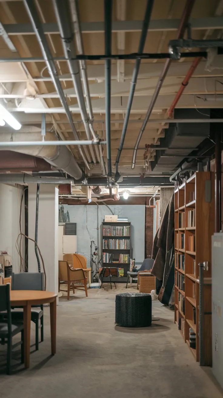 Basement with Drop Ceiling and Concrete Floor Furniture