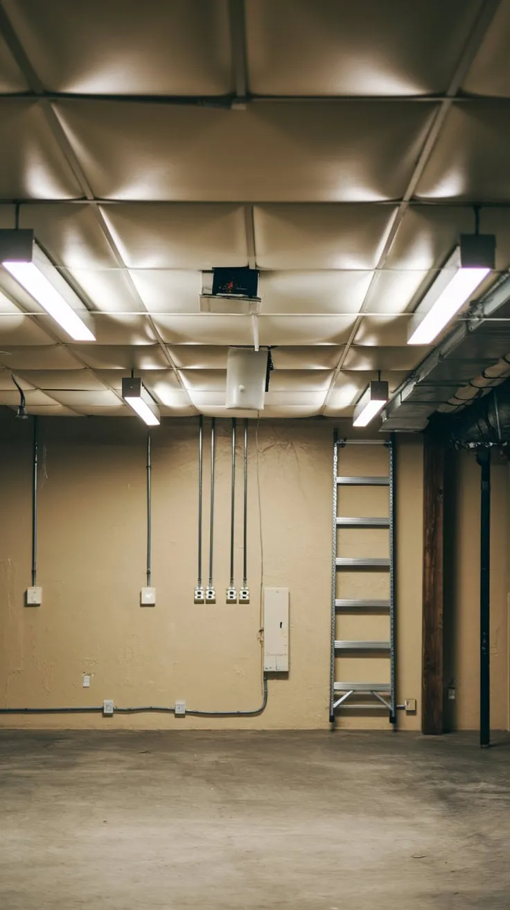 Industrial Basement with Drop Ceiling and Concrete Floor