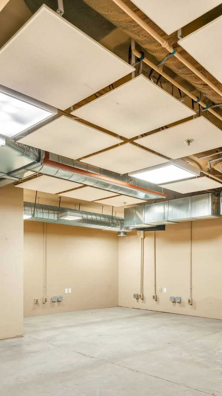 Basement Drop Ceiling with White Tiles and Fixtures