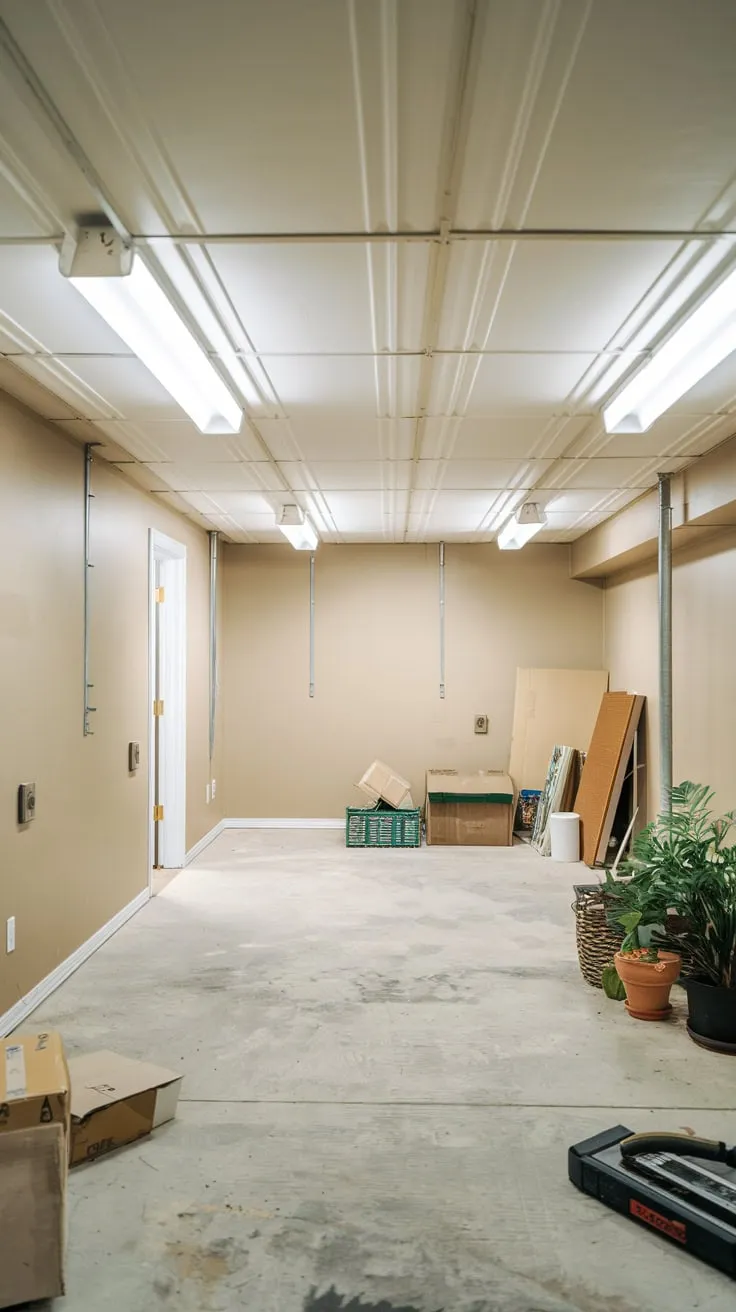 Bright Basement with White Drop Ceiling and Outlets