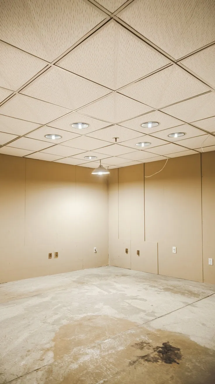 Bright Basement with White Drop Ceiling and Stained Floor