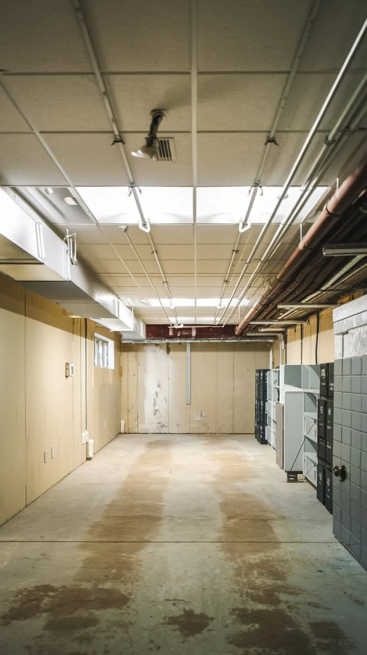 Bright Basement with White Drop Ceiling and Shadows