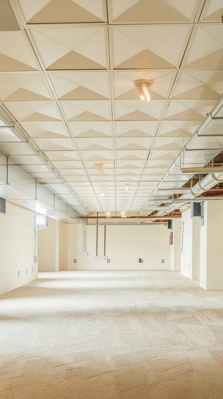 Bright and Clean Basement with White Drop Ceiling