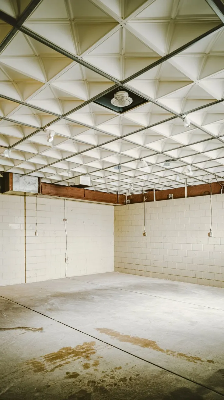 Bright Basement with White Drop Ceiling and Stains