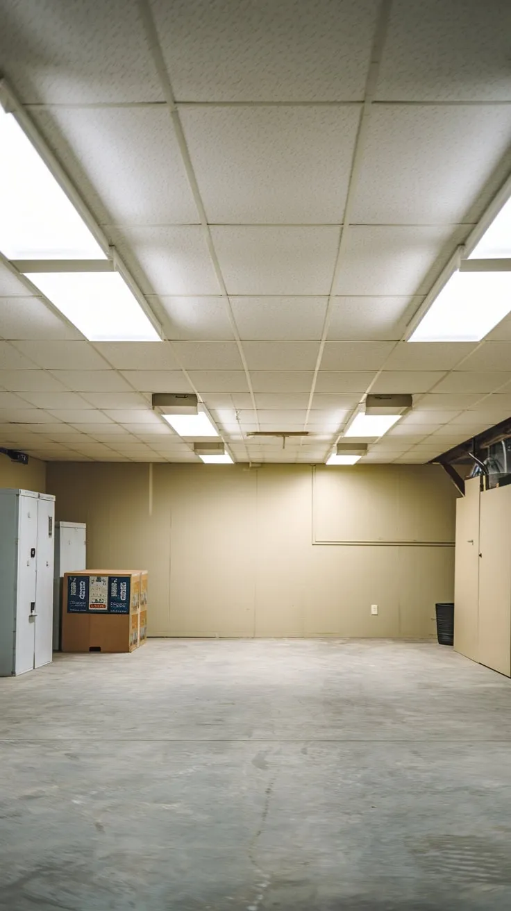 Bright Basement with White Drop Ceiling and Storage