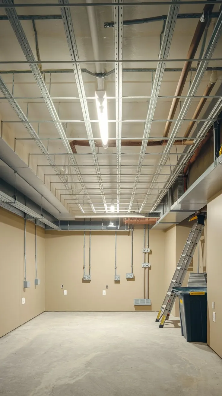 Bright Basement with White Drop Ceiling and Utilities