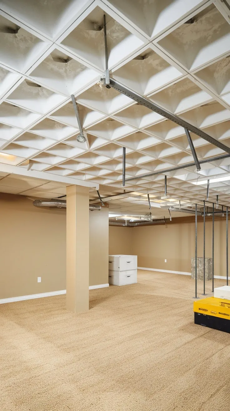 Bright Basement with Drop Ceilings and Beige Decor