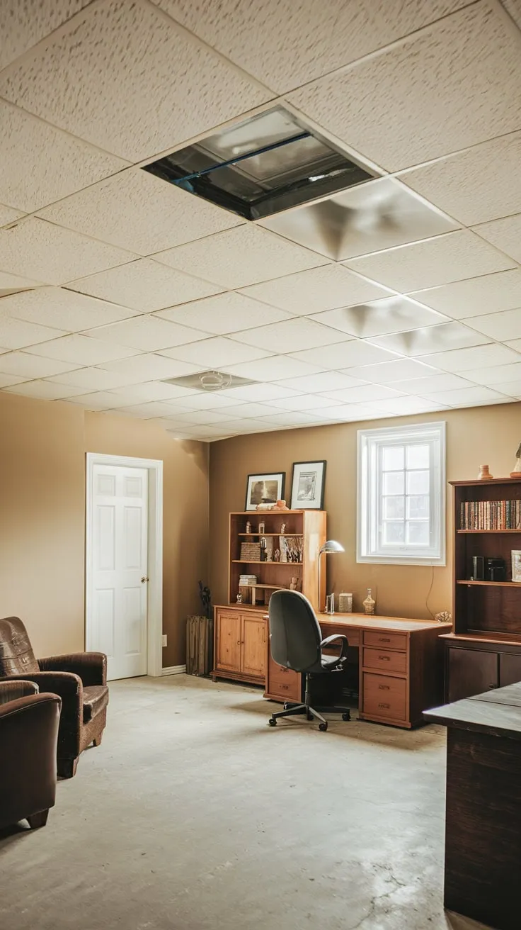 Bright Basement Retreat with White Drop Ceiling Decor