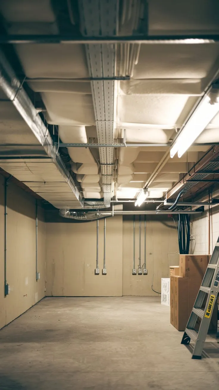 Industrial Basement with White Drop Ceiling and Fixtures