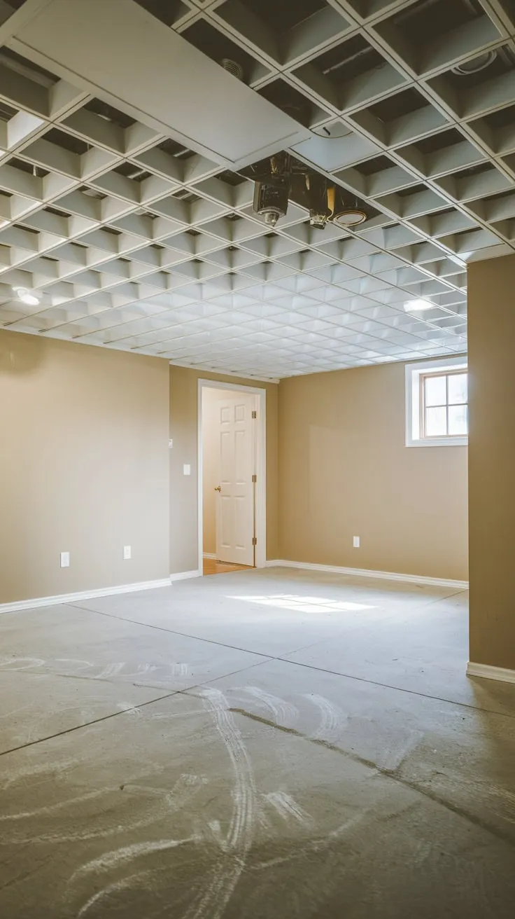 Bright Basement with White Drop Ceiling and Window