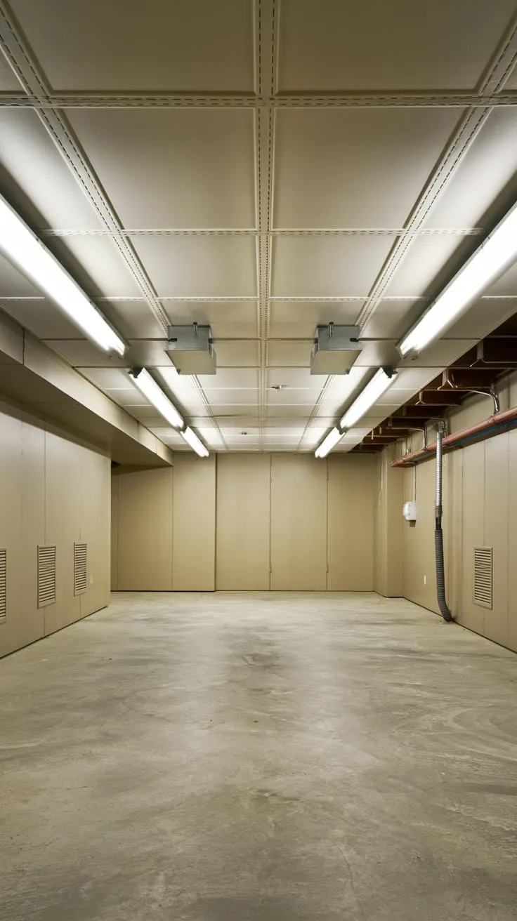 Brightly Lit Basement with Drop Ceiling and Storage