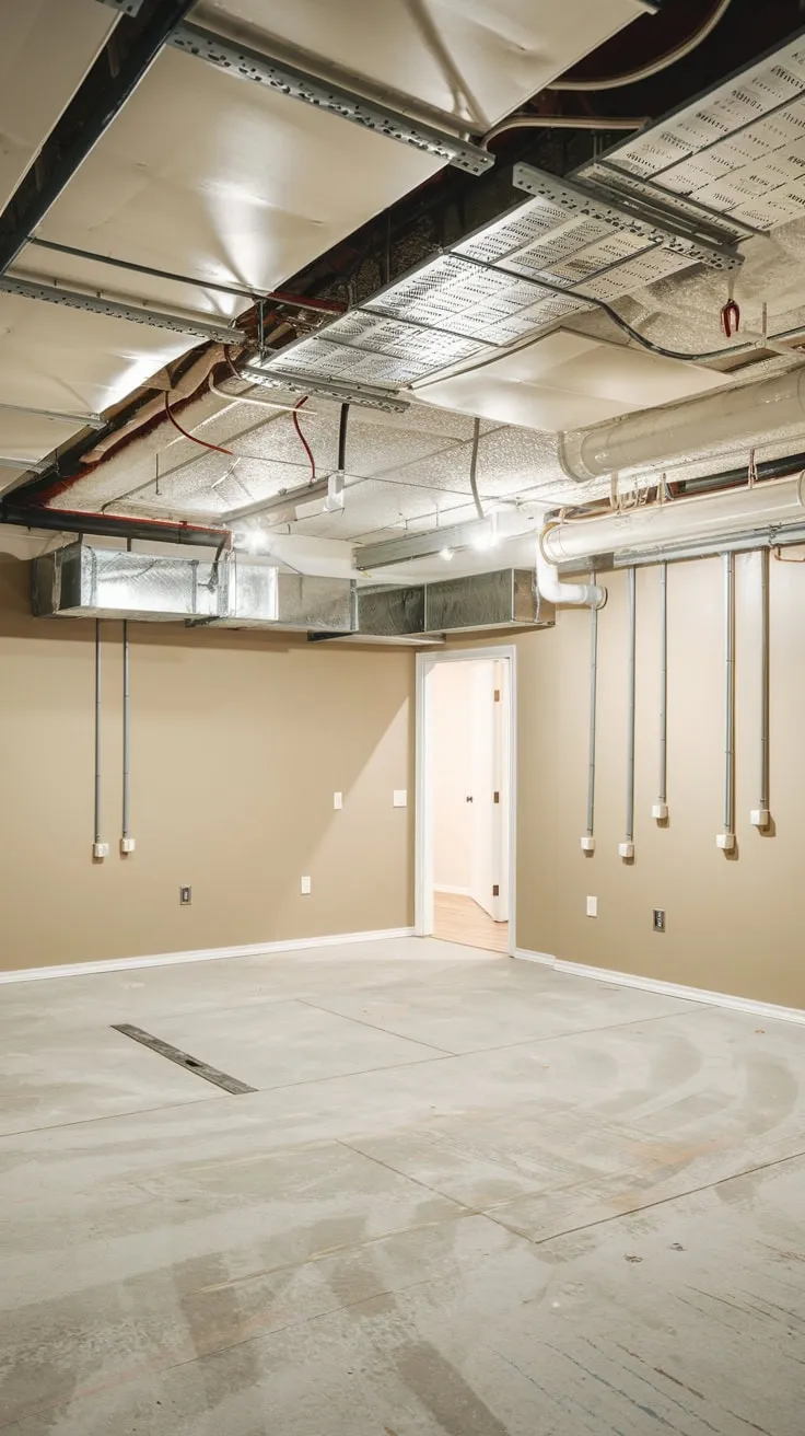 Bright Basement with White Drop Ceiling and Ducts