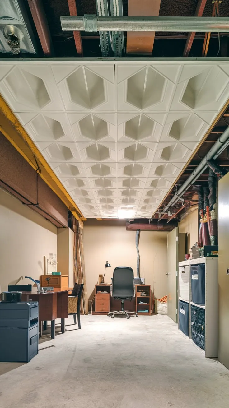 Basement with Recessed White Ceiling and Utilities