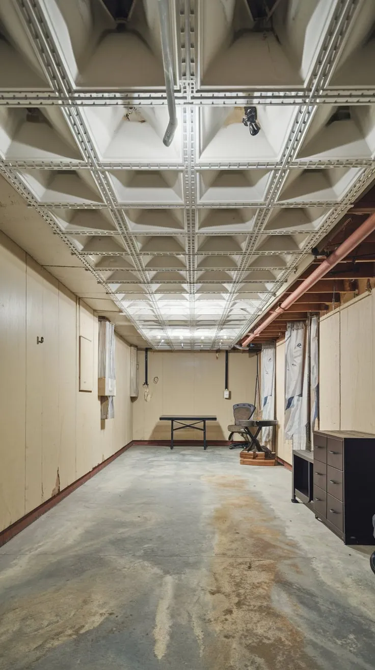 Basement with White Drop Ceiling and Utility Pipes