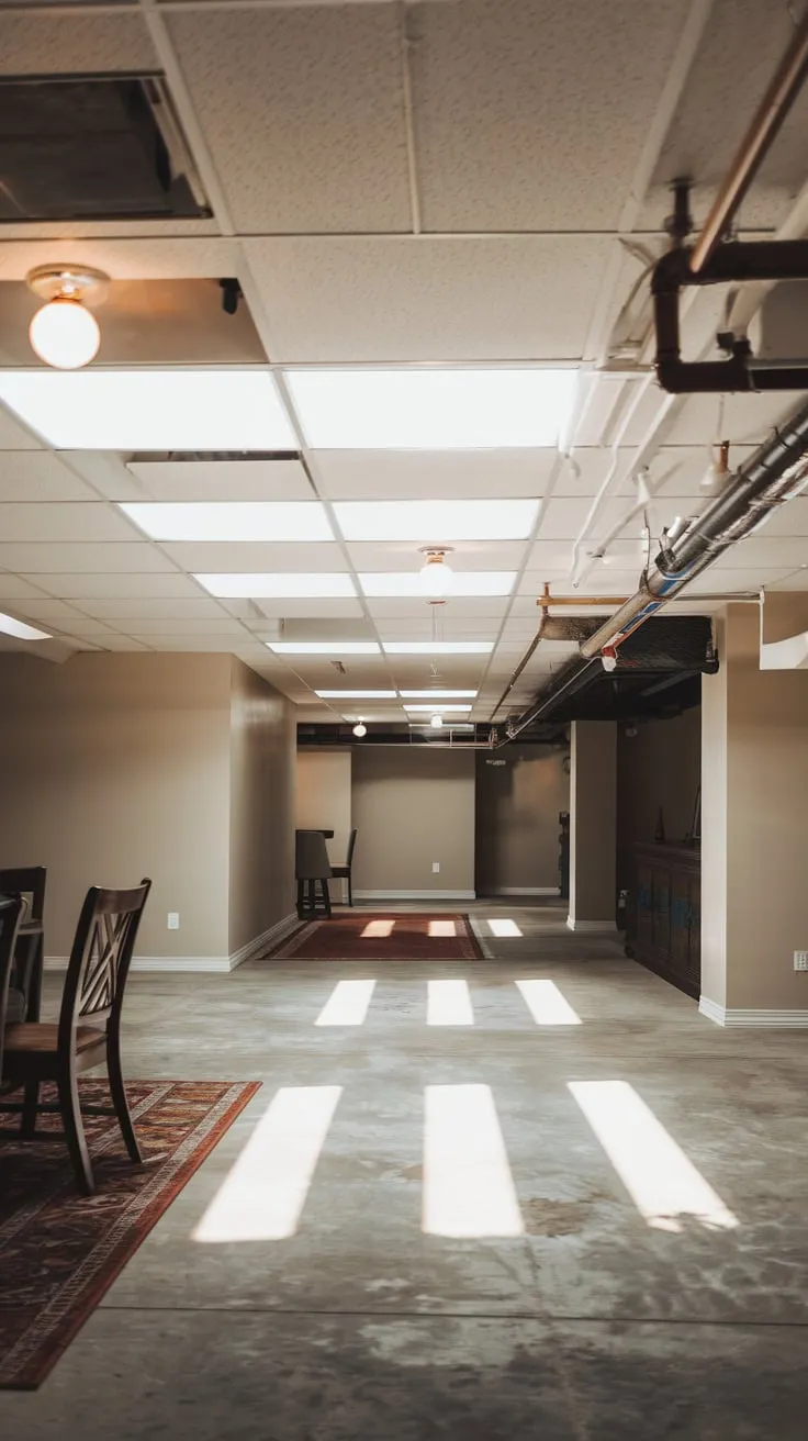 Bright Basement with White Drop Ceiling and Rug