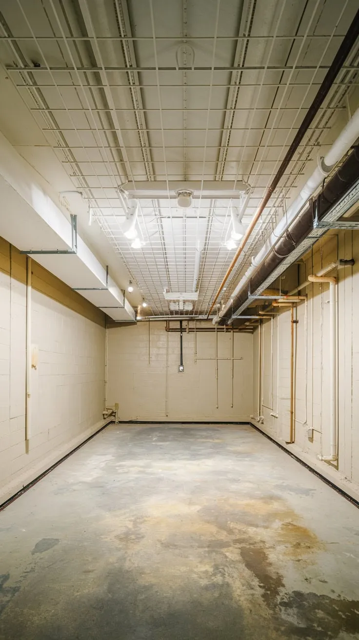 Bright Basement with White Drop Ceiling and Pipes