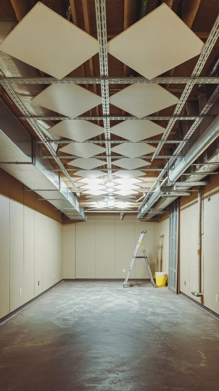 Bright Basement with White Drop Ceiling and Ladder