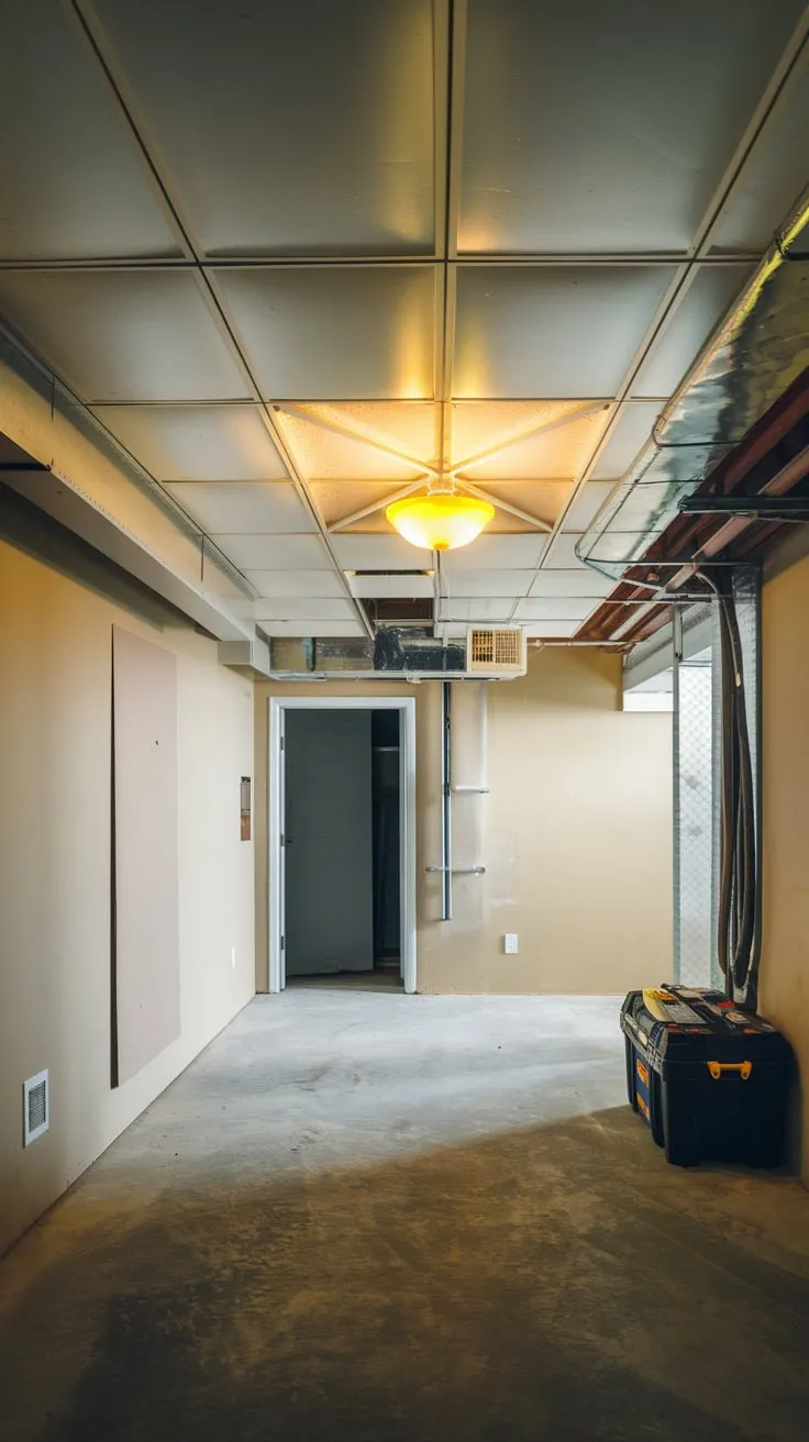Basement with Drop Ceiling and Exposed Pipes