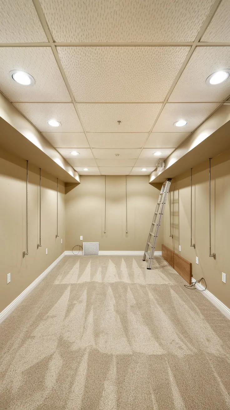 Bright Basement with White Drop Ceiling and Carpet