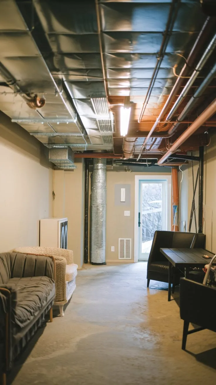 Basement Retreat Featuring Drop Ceiling and Furniture
