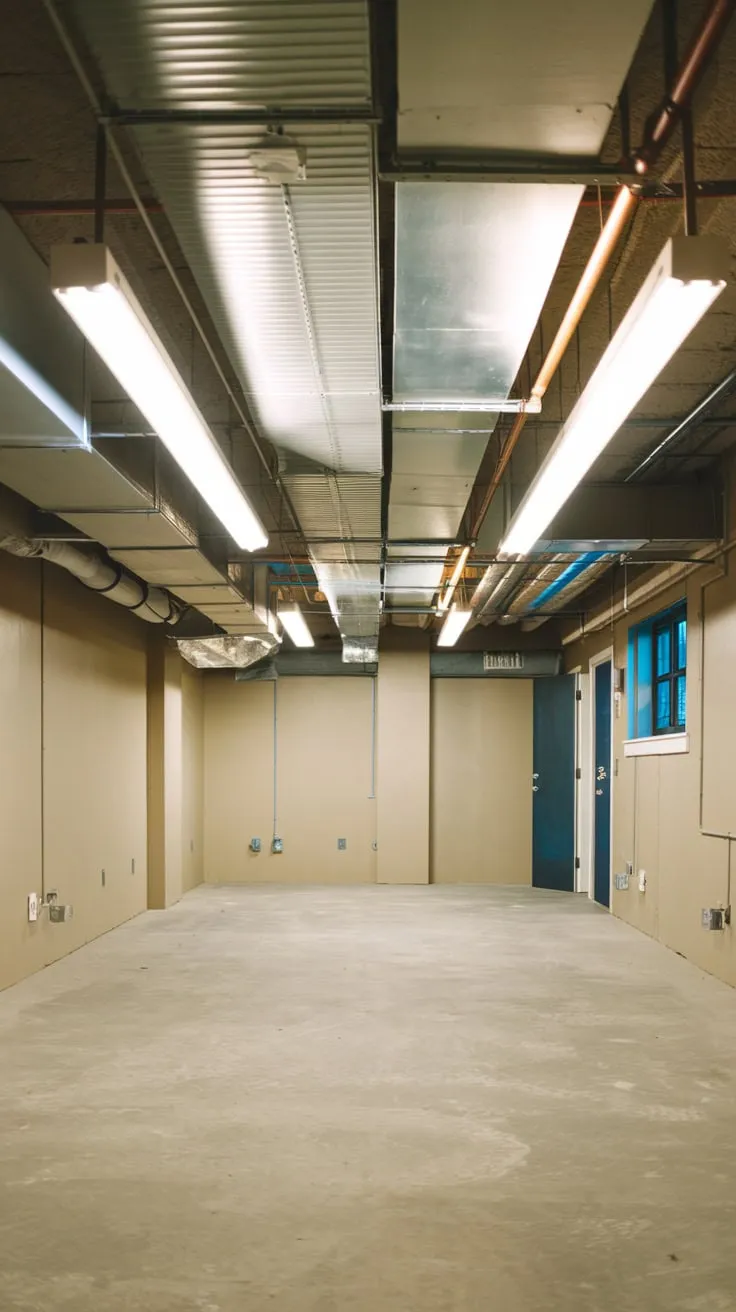 Brightly Lit Beige Basement with Drop Ceiling Features