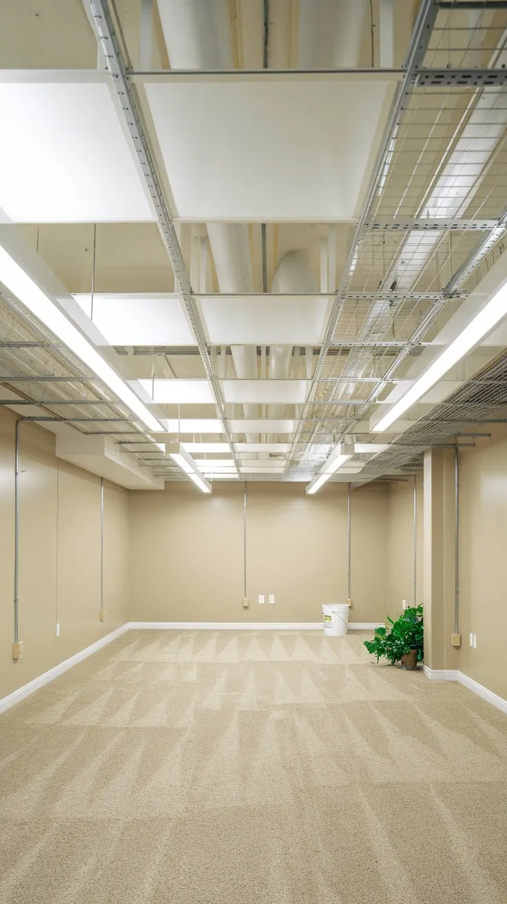 Bright and Clean Basement with White Drop Ceiling
