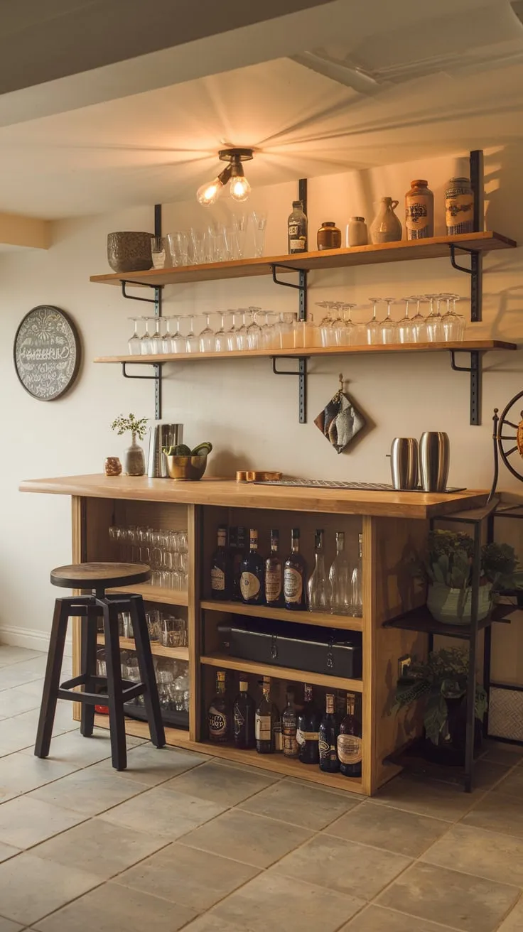 Charming Basement Dry Bar with Warm Lighting Decor