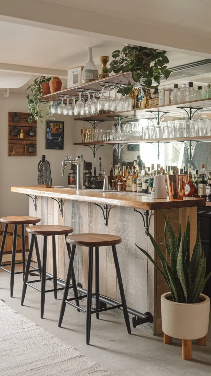 Charming Basement Dry Bar with Wooden Counter Design