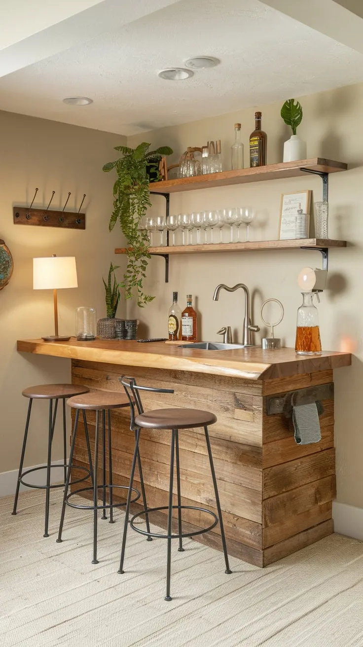 Charming Basement Dry Bar with Wooden Counter Decor