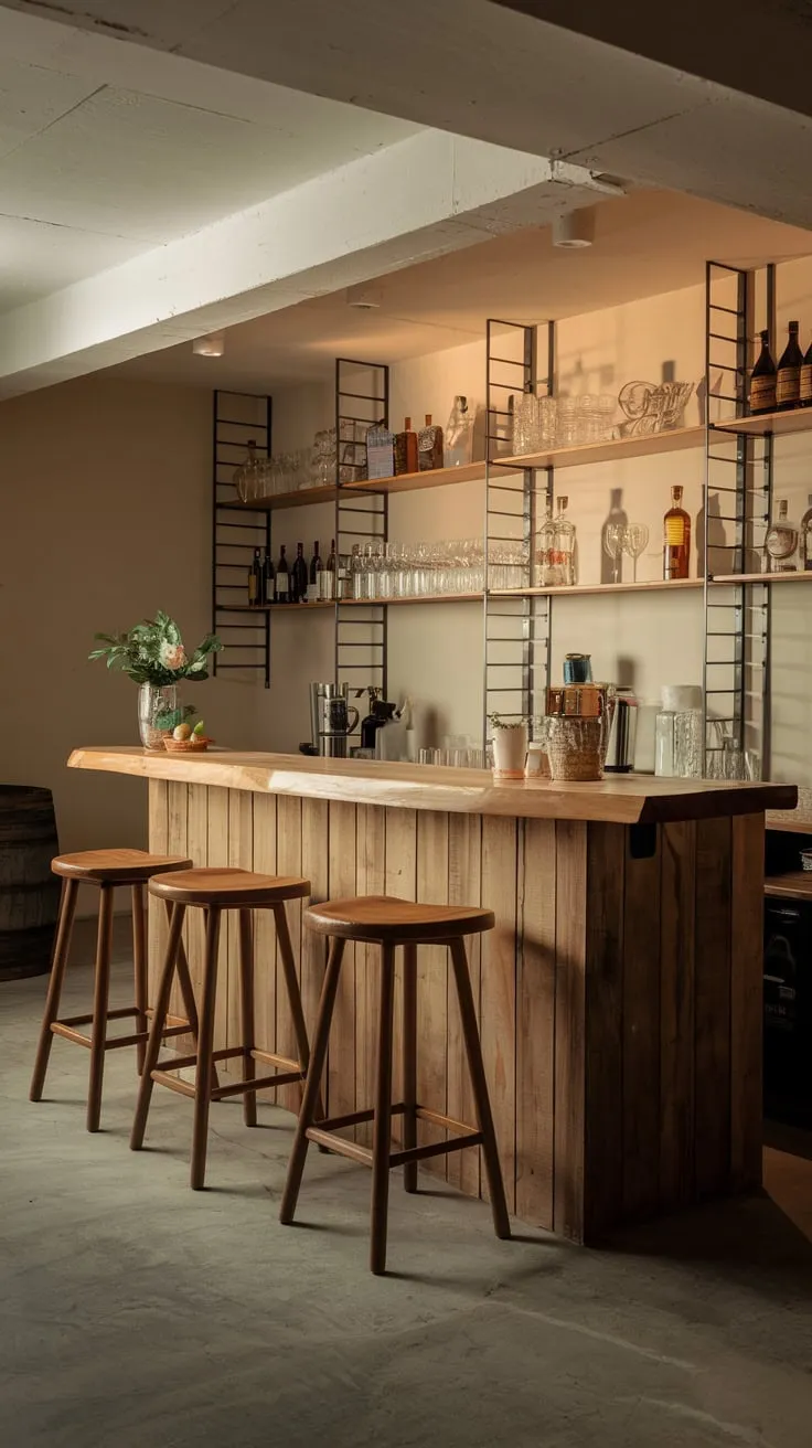 Charming Basement Dry Bar with Warm Ambient Lighting