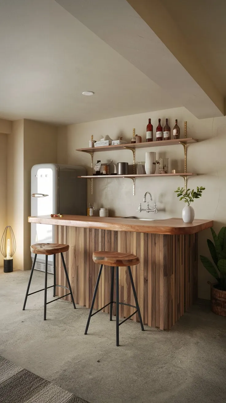 Stylish Basement Dry Bar with Wooden Counter and Stools