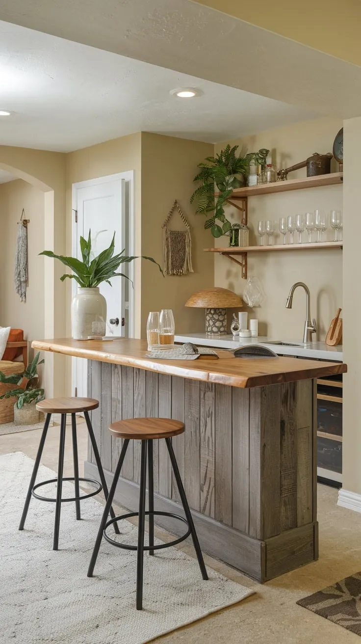Charming Basement Dry Bar with Wooden Counter Design