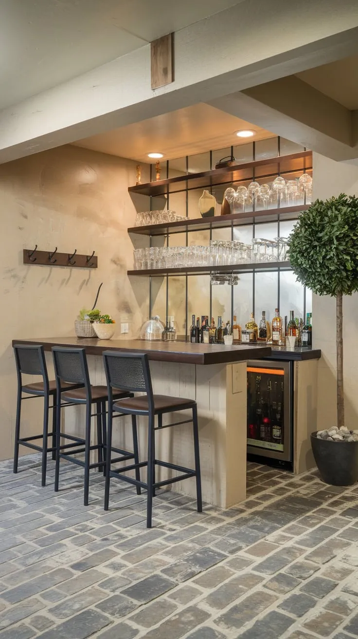 Elegant Basement Dry Bar with Dark Wood Accents
