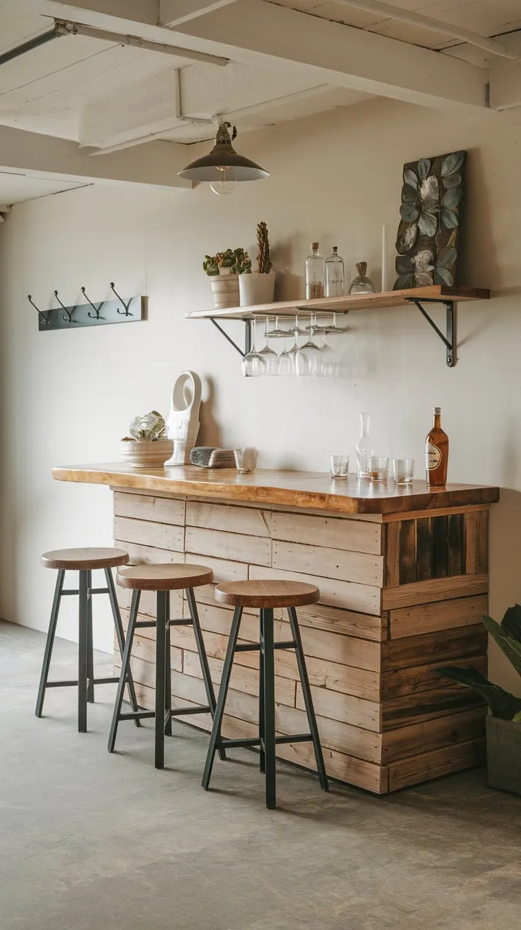 Charming Basement Dry Bar with Wooden Countertop Decor