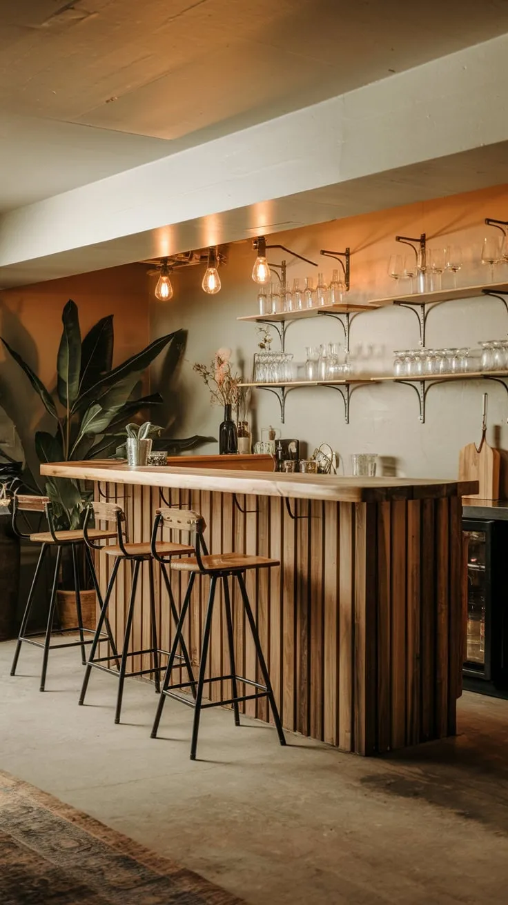 Charming Basement Dry Bar with Warm Lighting Ambiance