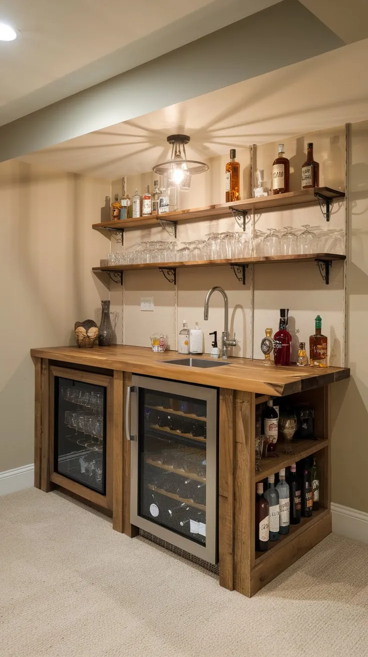 Elegant Basement Dry Bar with Wooden Countertop Design