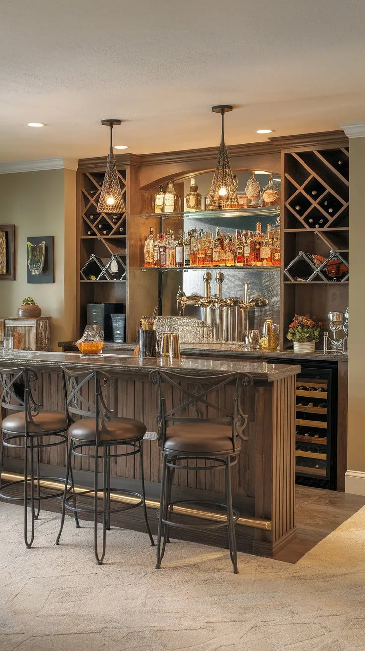 This stunning basement renovation transforms a simple space into a sophisticated beverage center.  The custom bar design, complete with a built-in spirits cabinet and wine storage, creates the ultimate home bar experience.  Enjoy the pub style ambiance, comfortable bar furniture, and dedicated home brewing area.  This wet bar and drink station are the heart of this basement bar ideas, perfect for creating delicious cocktails and entertaining guests in your man cave.  The bar stools and bar decor complete the look.