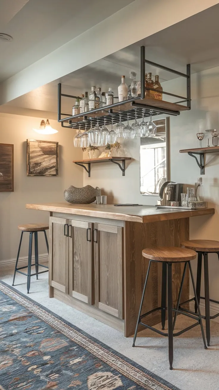 Charming Basement Dry Bar with Wooden Counter Design