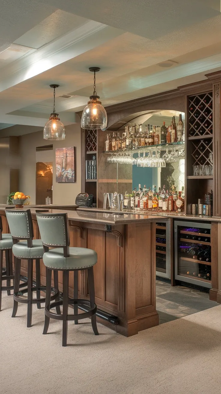 Unwind in this incredible basement lounge, featuring a stunning basement dry bar.  The sophisticated bar design incorporates a fully functional wet bar, a dedicated beverage center, and plenty of bar accessories.  With its impressive spirits cabinet, wine storage, and even a home brewing setup, this cocktail bar is the ultimate home bar for entertaining.  The comfortable bar stools and pub-style bar complete the perfect man cave bar, showcasing exceptional basement bar ideas and bar furniture.