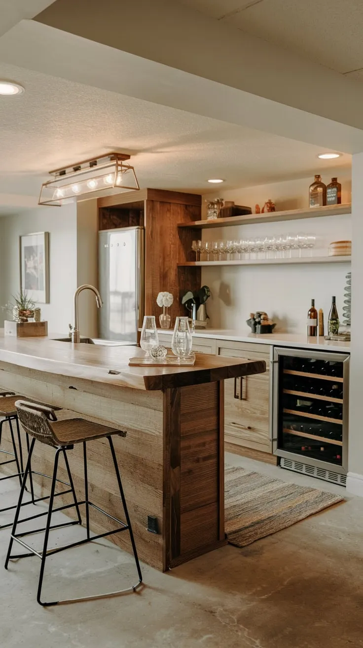 Inviting Basement Dry Bar with Wooden Counter Design