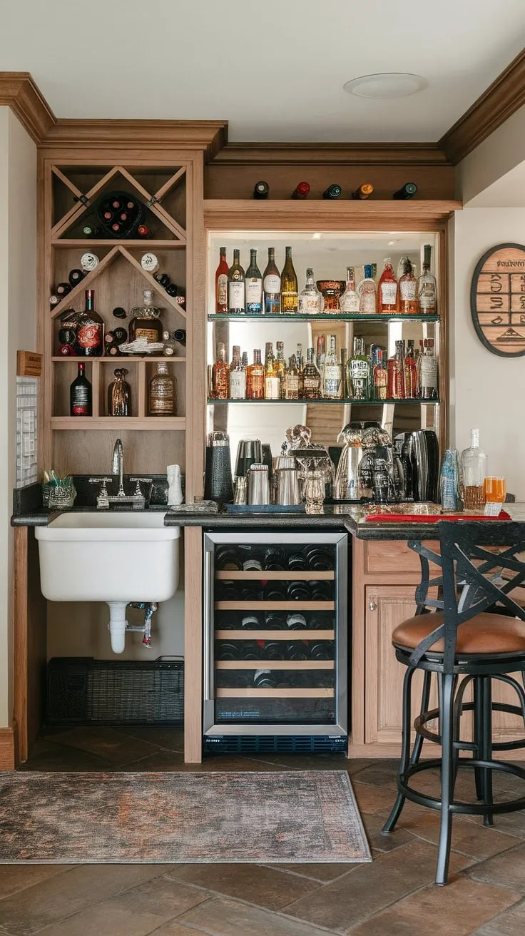 Escape to your own personal cocktail bar, a meticulously crafted basement bar featuring a wet bar with sink and a dry bar stocked with everything you need.  This basement renovation boasts clever basement bar ideas, including a dedicated beverage center, bar furniture, and a stylish spirits cabinet.  The pub-style bar design, complete with bar stools and a cozy rug, creates the perfect man cave bar or basement lounge for unwinding and entertaining.  The integrated wine storage and bar accessories elevate this home bar to the next level of home entertainment.